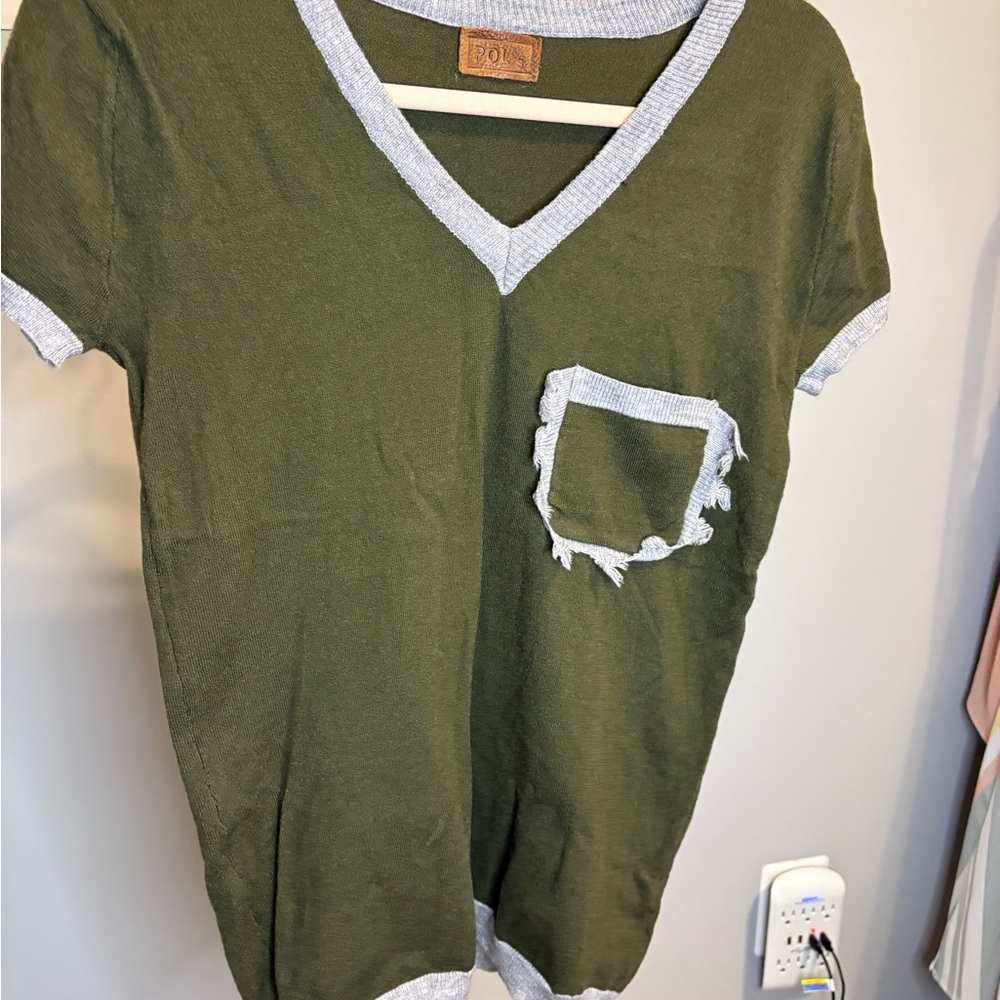 POL Olive V-Neck Top with Gray Trim